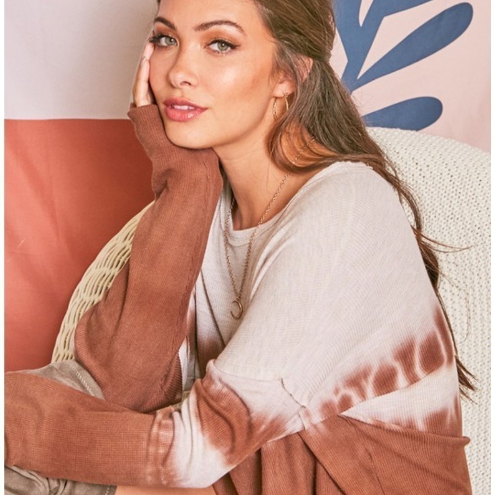 Last! Long Sleeve Ombre Tie Dye Waffle Knit Top